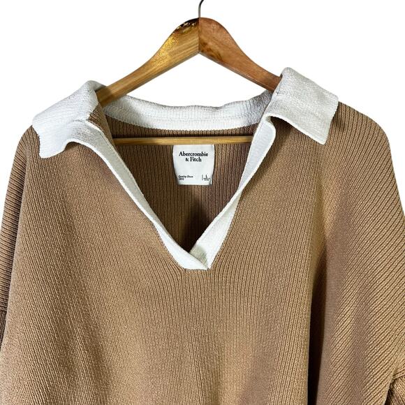 Abercrombie & Fitch Contrast Collar Polo Sweater Womens L Tan White Preppy Chic - Picture 3 of 6